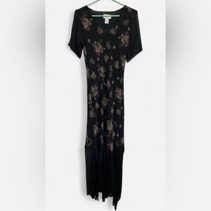Sharon Max Black Floral Maxi Y2k dress With Sheer Overlay Witchy Hem Size S NWT